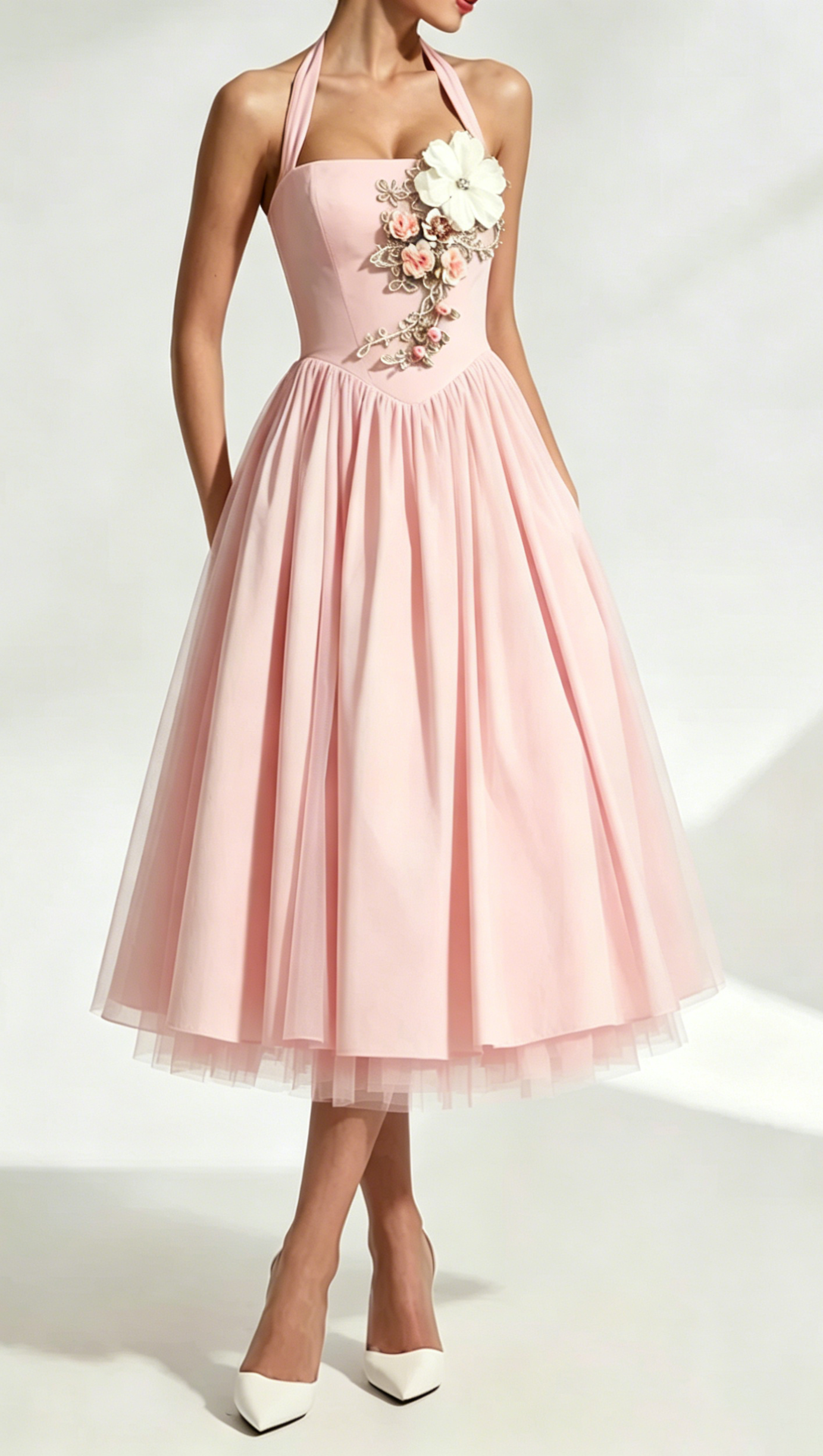 Flower Embroidery Cressida backless puffy Midi Dress - Blush