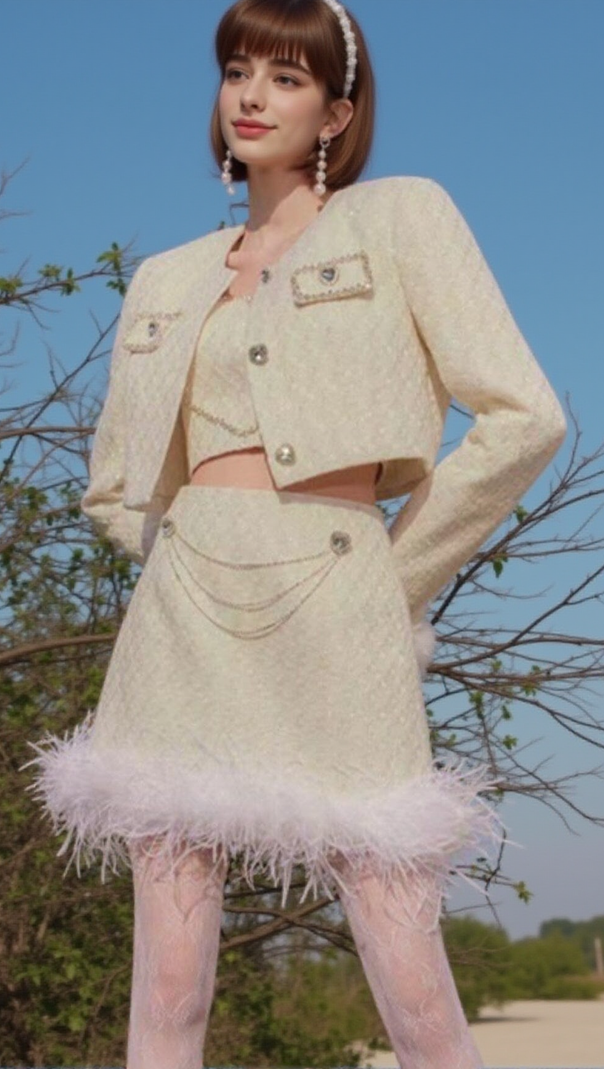 AIIZIE FEATHER SHORT SKIRT SUIT IN WHITE - product image