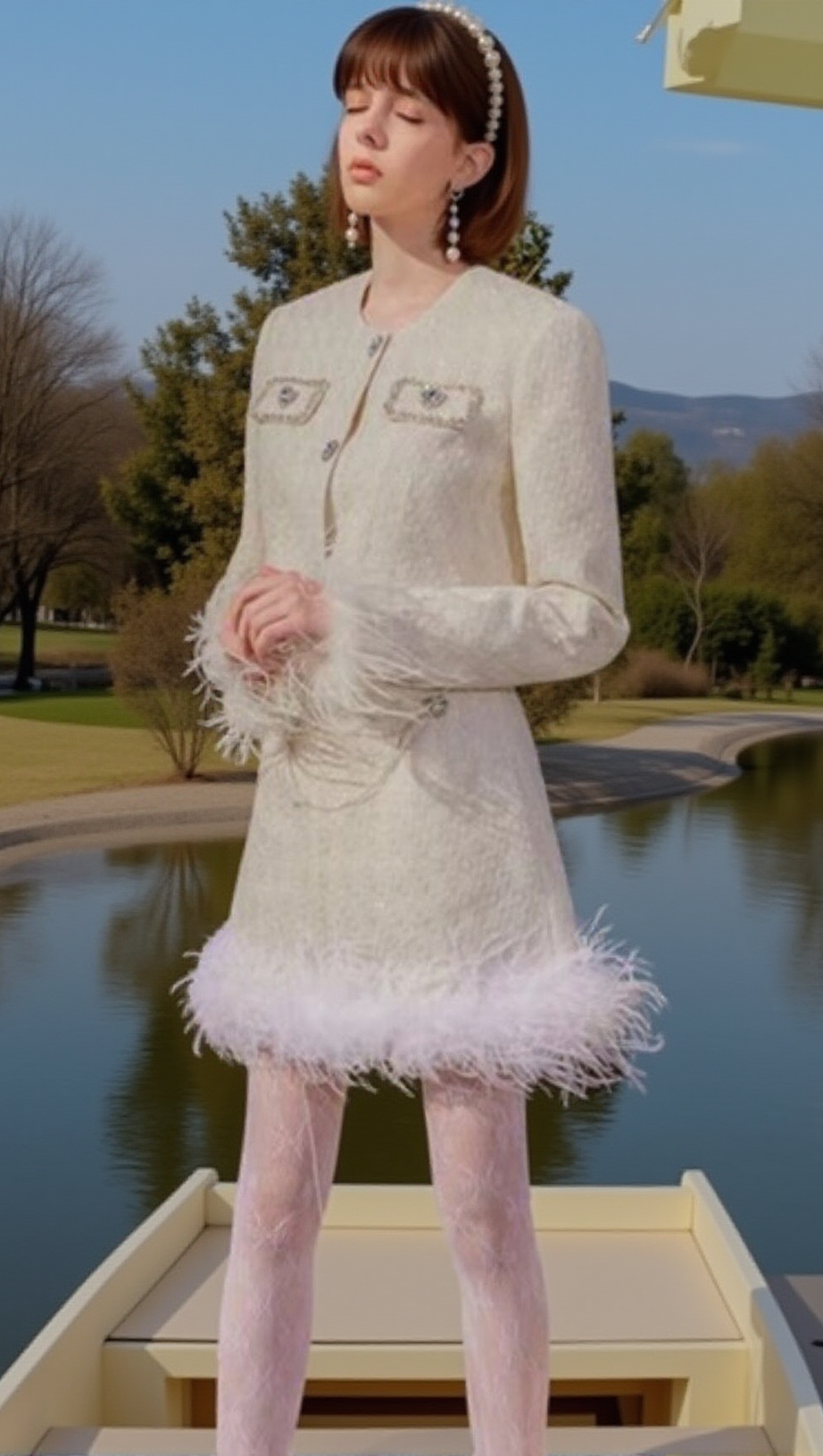 FEDERKURZROCK-ANZUG IN WEISS