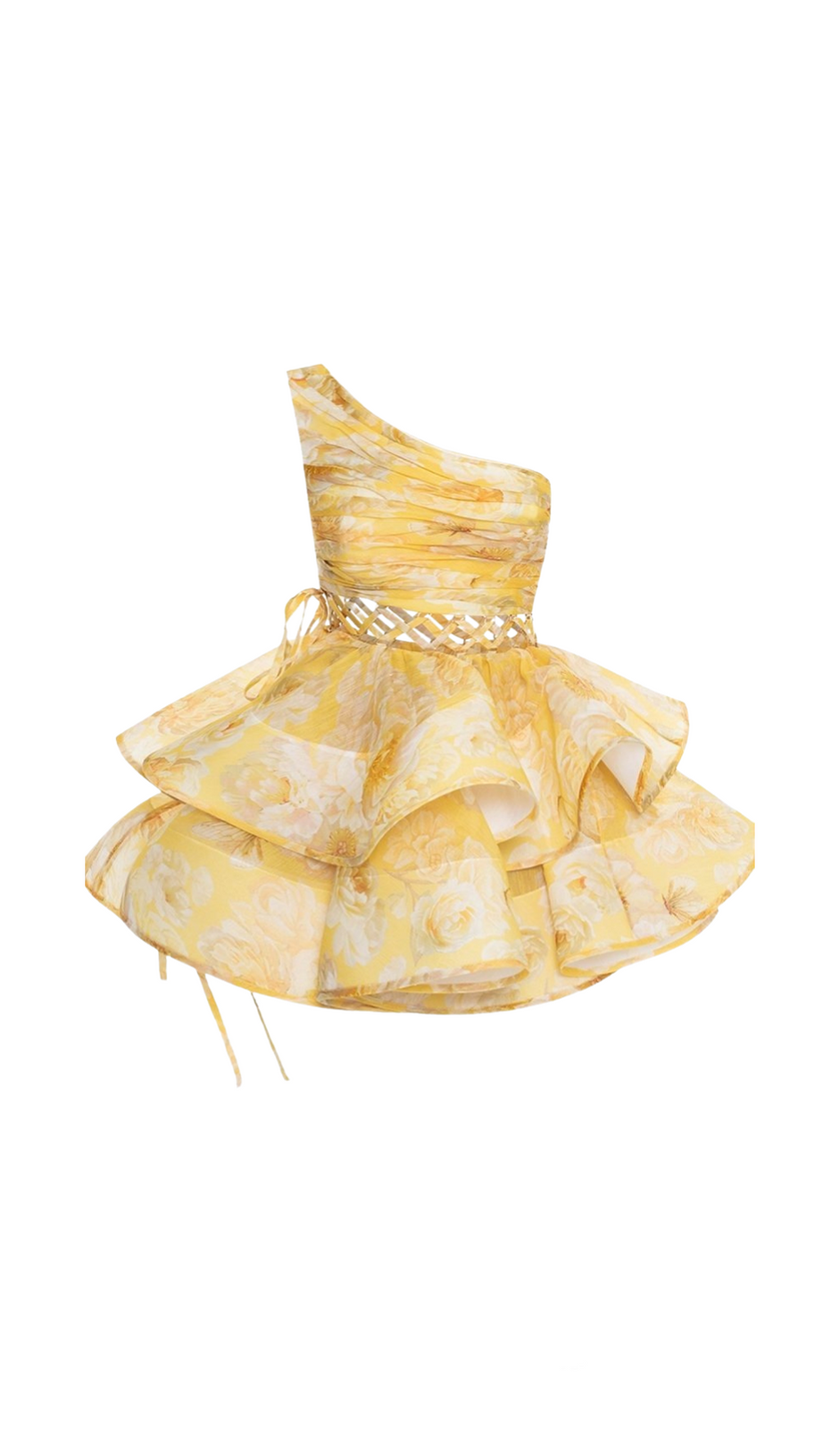 GAIL GELBES MINI-CHIFFONKLEID MIT BLUMENDRUCK UND EINER SCHULTER