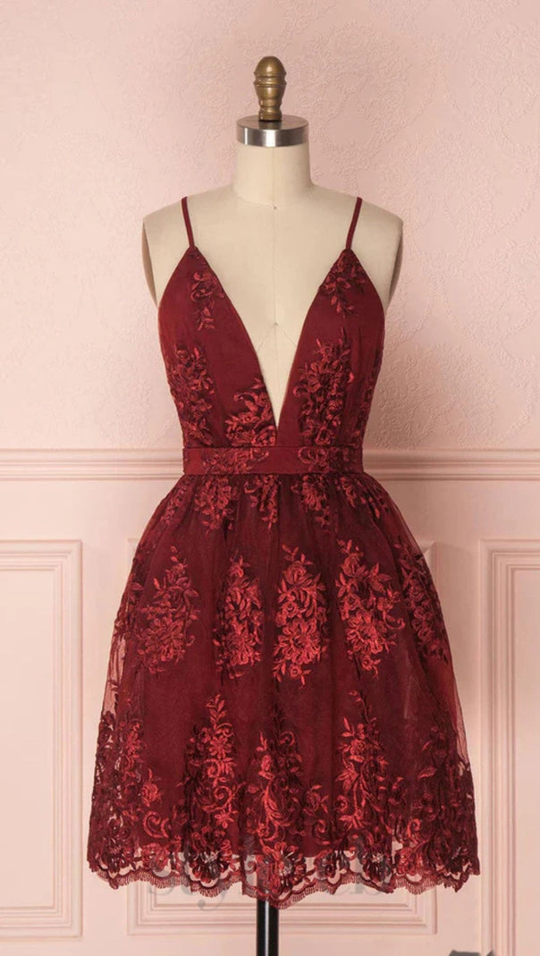AIIZIE V NECK TULLE LACE SHORT BURGUNDY PROM DRESSES - product image