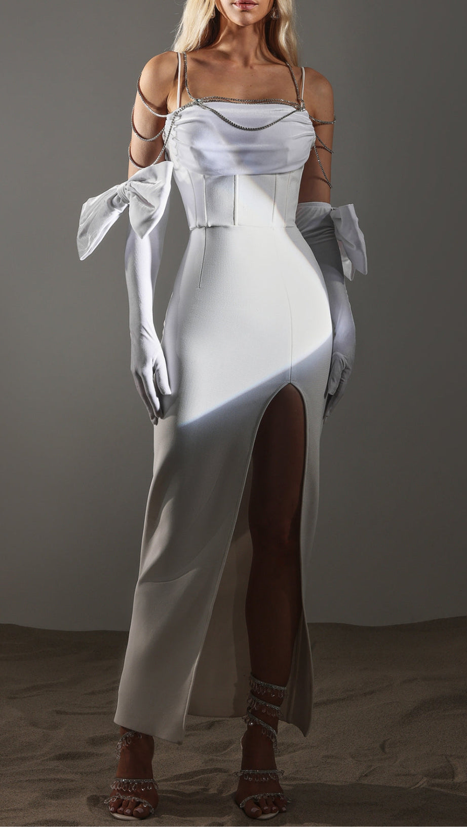 WHITE BACK BANDAGE MAXI DRESS WITH GLOVES