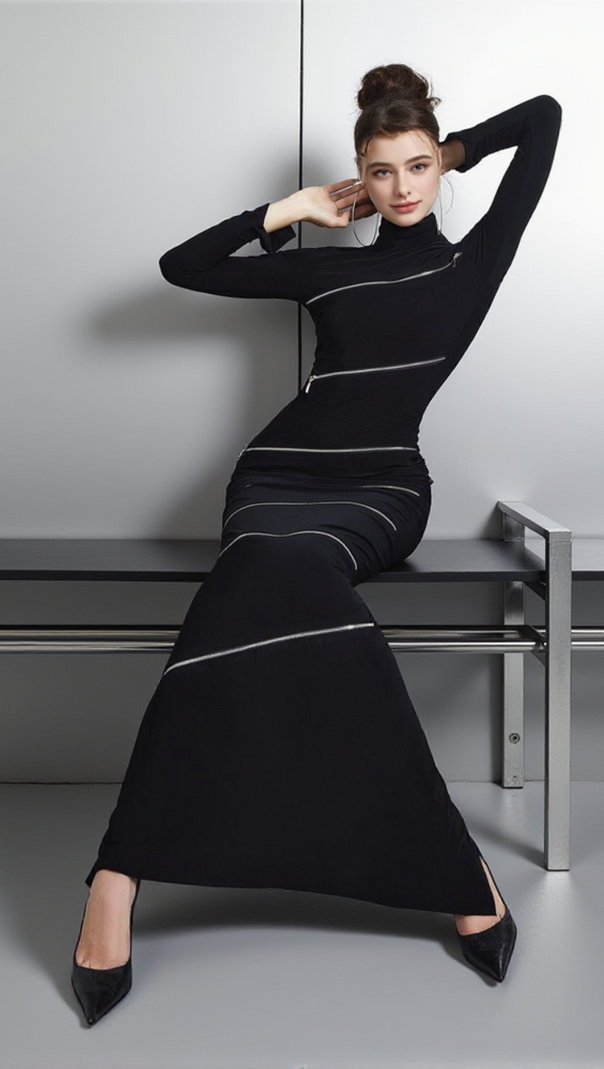 AIIZIE ALOYSIUS ZIPPER BODYCON MAXI DRESS IN BLACK - product image