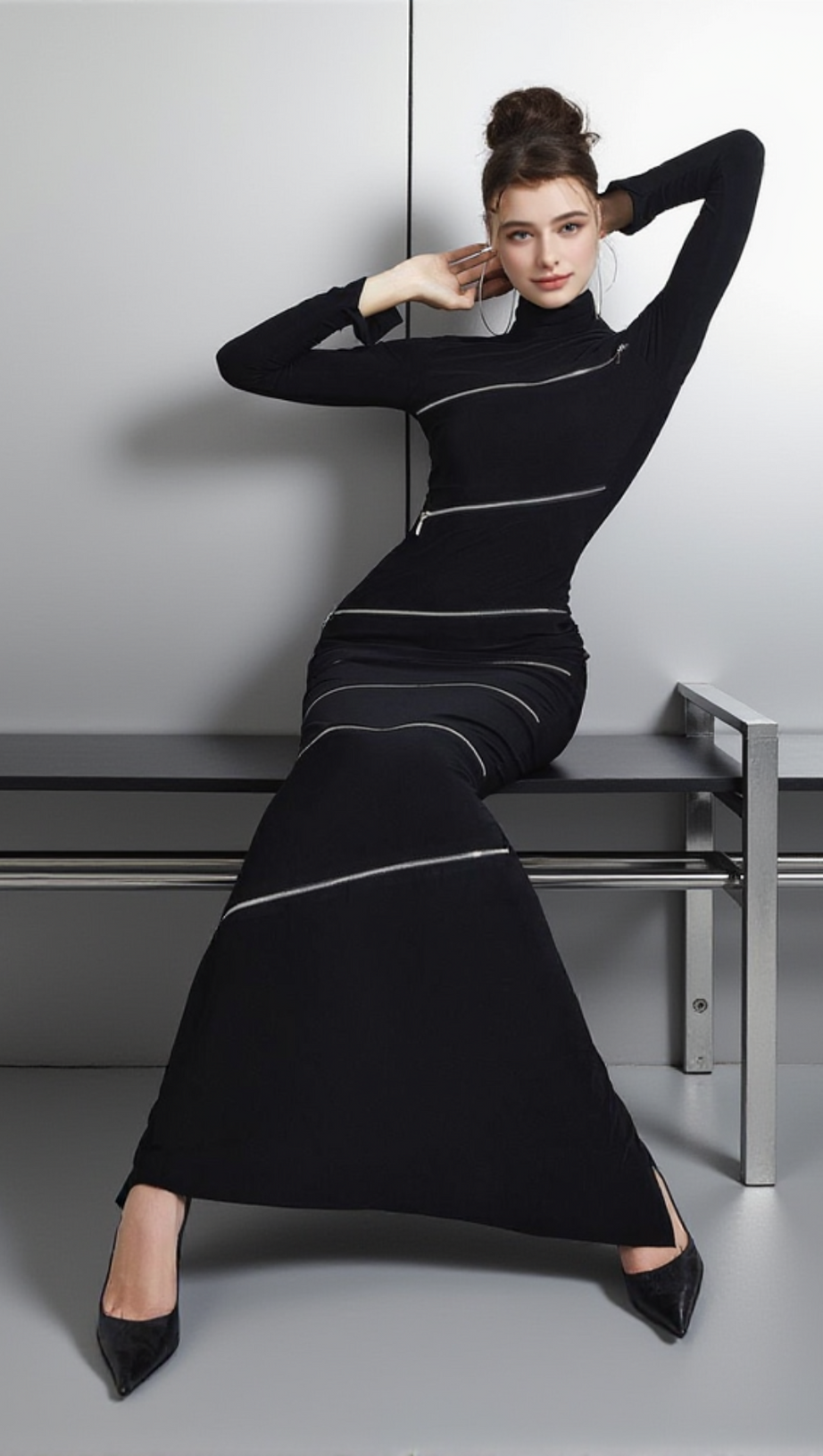 ALOYSIUS ZIPPER BODYCON MAXI DRESS IN BLACK