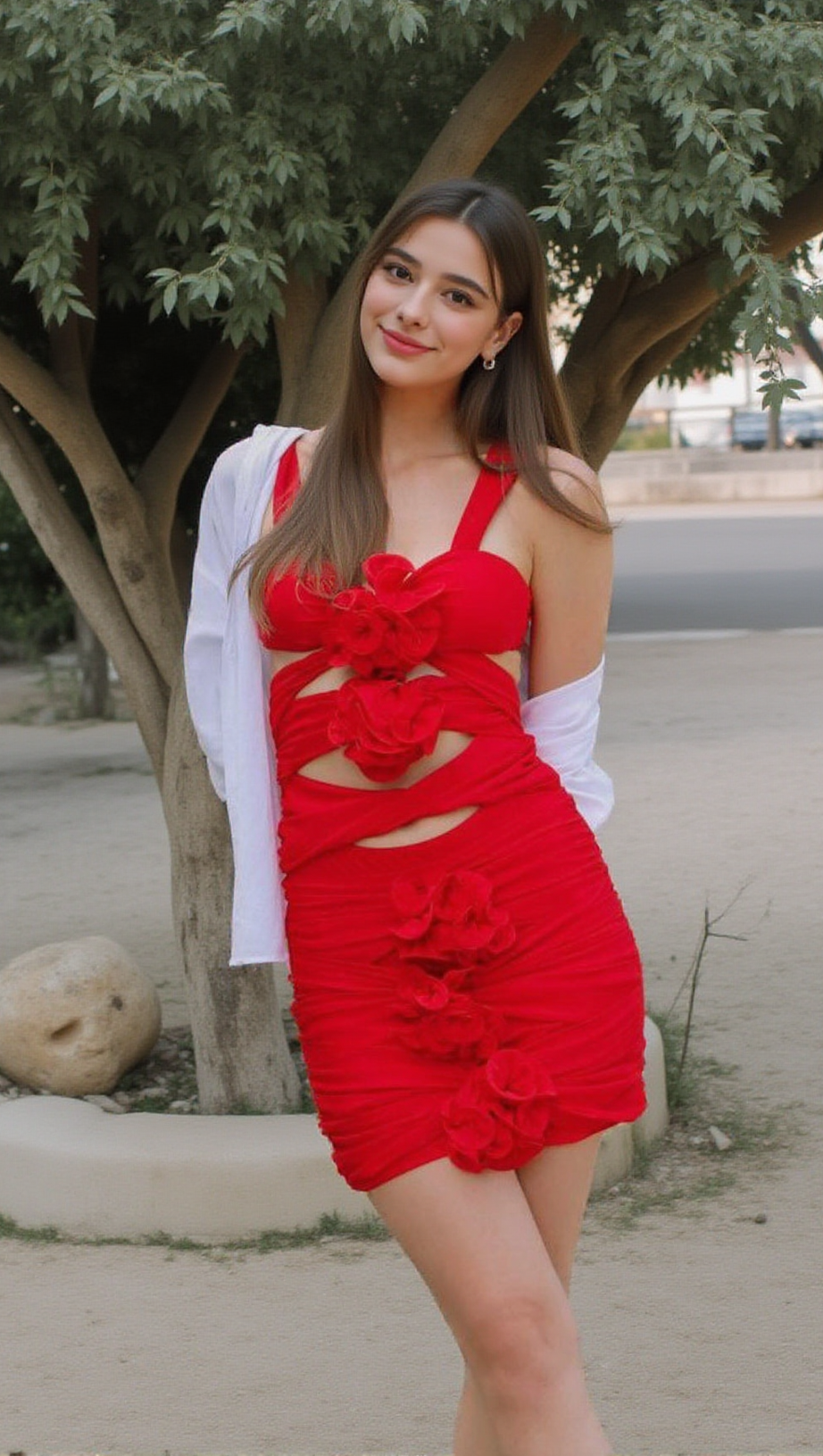 ROTER BADEANZUG UND ROCK MIT 3D-BLUMEN