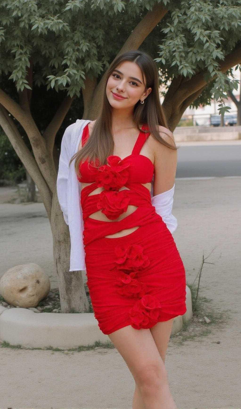 RED 3D FLOWER ONE PIECE SWIMSUIT AND SKIRT