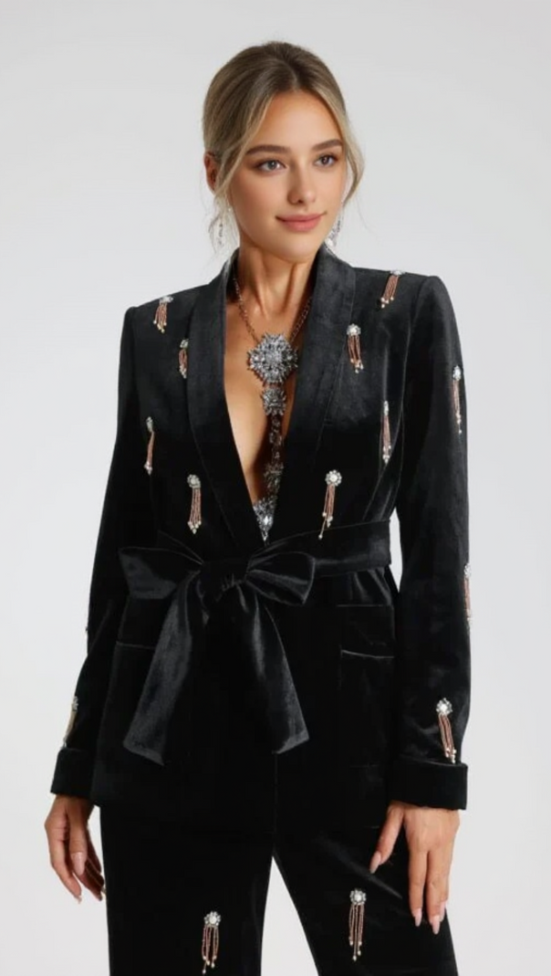 AIIZIE VELVET DIAMOND EMBELLISHED BLAZER 2 PIECE IN BLACK - product image