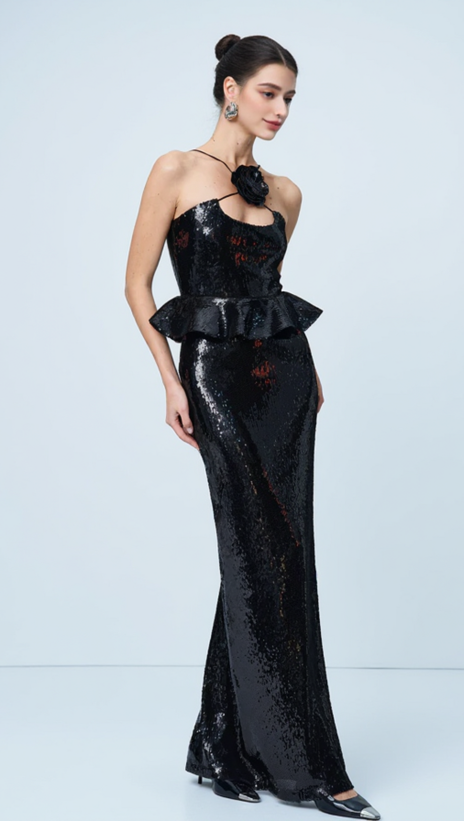 PEPLUM WAIST SEQUIN MAXI DRESS IN BLACK