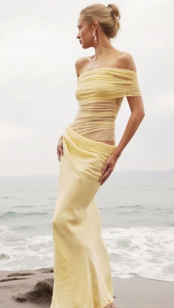 AIIZIE REANKO OFF SHOULDER RUCHED MESH MAXI DRESS - YELLOW - product image
