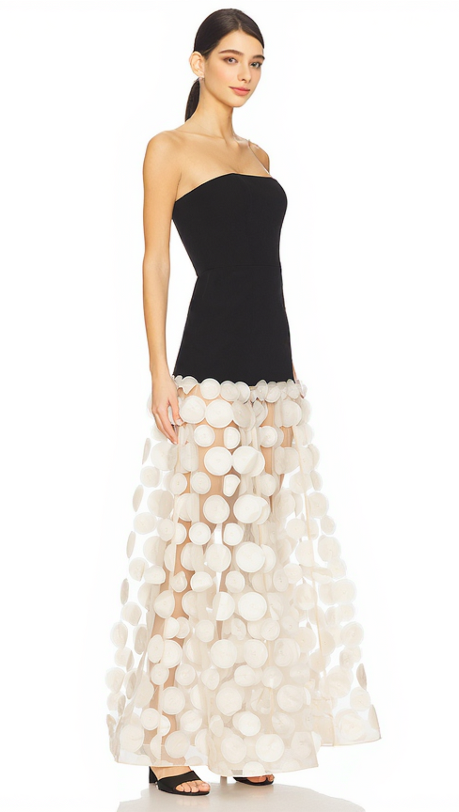 NODIN STRAPLESS DOT MESH MAXI DRESS