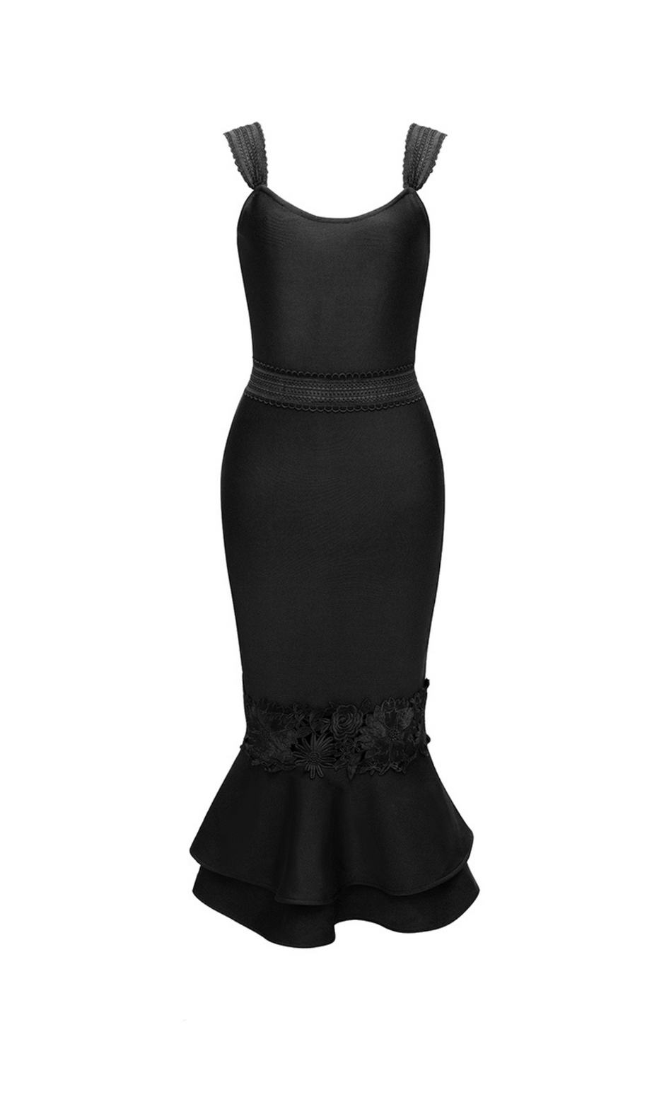 AGATHA – BANDAGE-MIDIKLEID MIT MEERJUNGFRAUEN-SAUM UND BLUMENSPITZE IN SCHWARZ