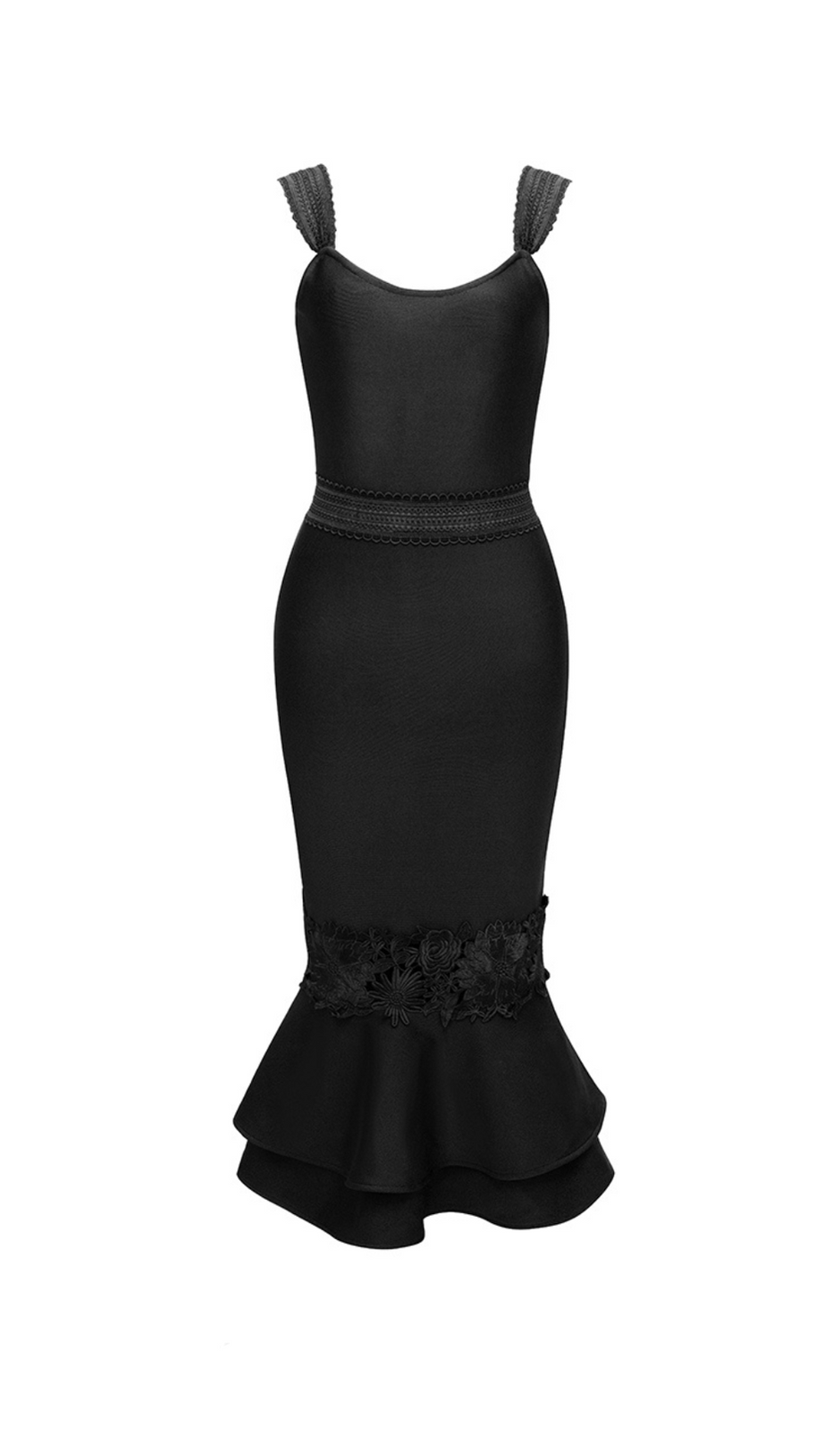 AGATHA MERMAID HEM FLORAL LACE BANDAGE MIDI DRESS IN BLACK