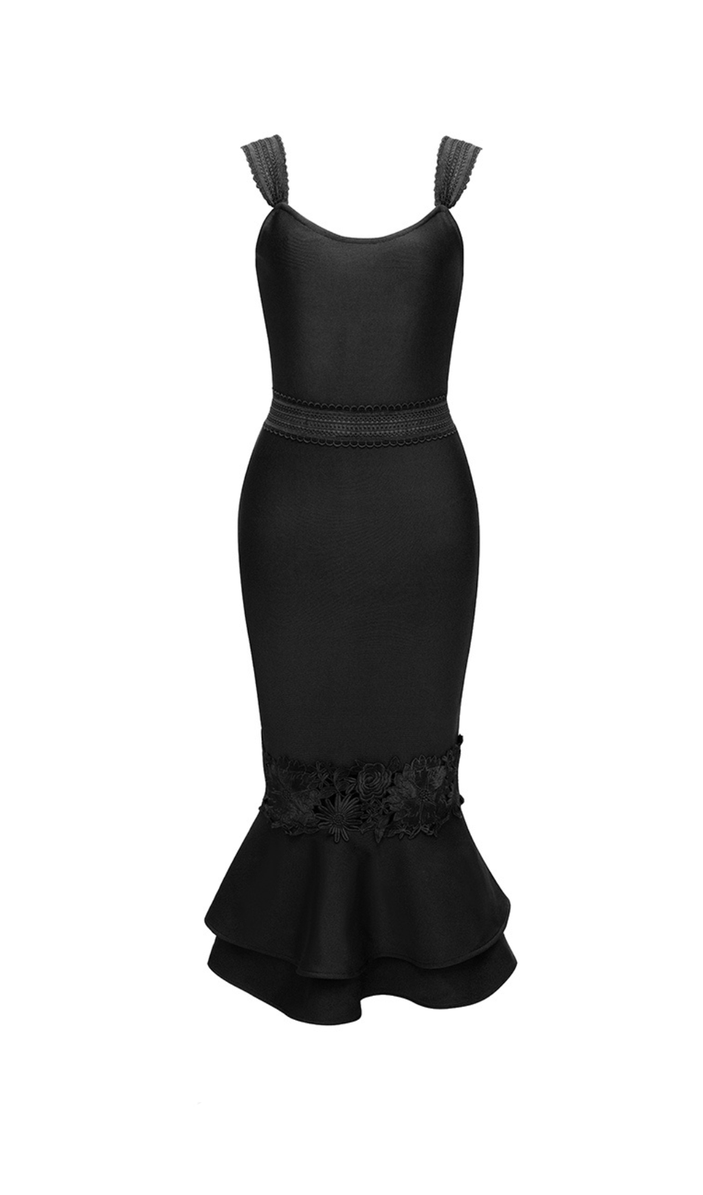 AGATHA MERMAID HEM FLORAL LACE BANDAGE MIDI DRESS IN BLACK