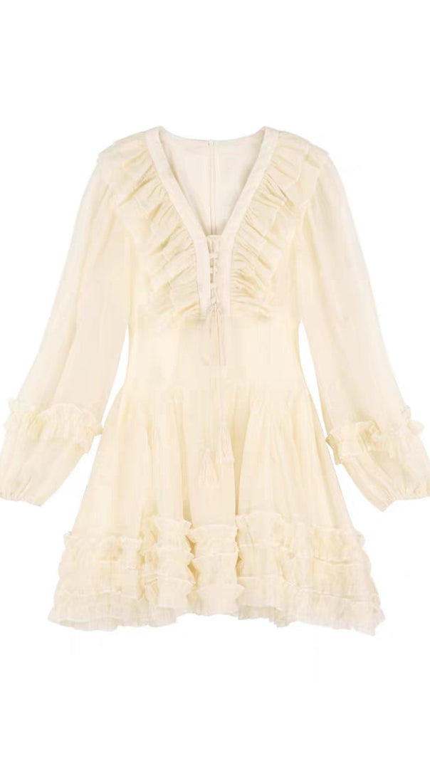 AIIZIE RUFFLED LONG-SLEEVE MINI DRESS IN CHAMPAGNE - product image