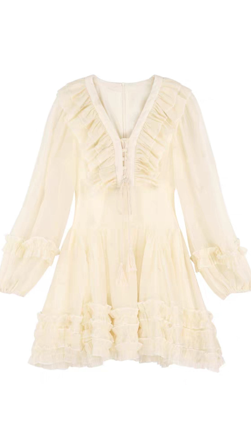 RUFFLED LONG-SLEEVE MINI DRESS IN CHAMPAGNE