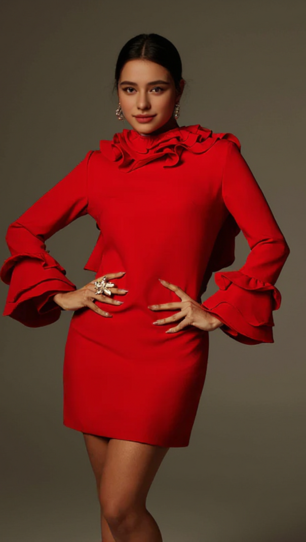AIIZIE ALESSANDRO RUFFLE BACKLESS MINI DRESS IN RED - product image