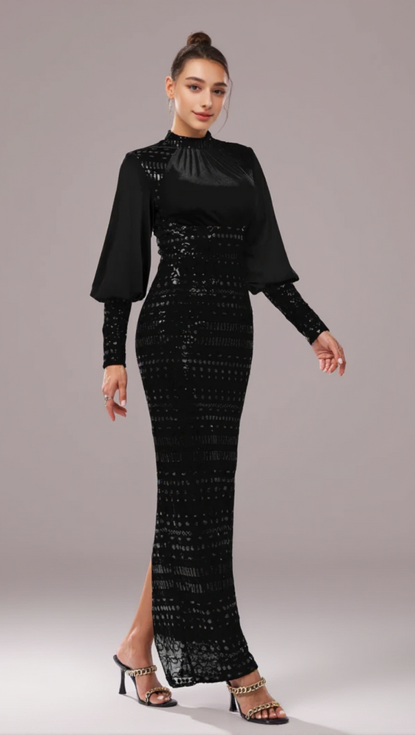 AIIZIE SEQUIN LONG SLEEVE MAXI DRESS IN BLACK - product image