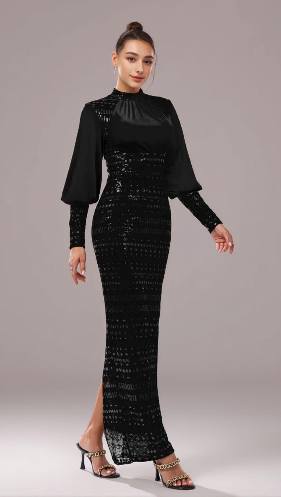 SEQUIN LONG SLEEVE MAXI DRESS IN BLACK