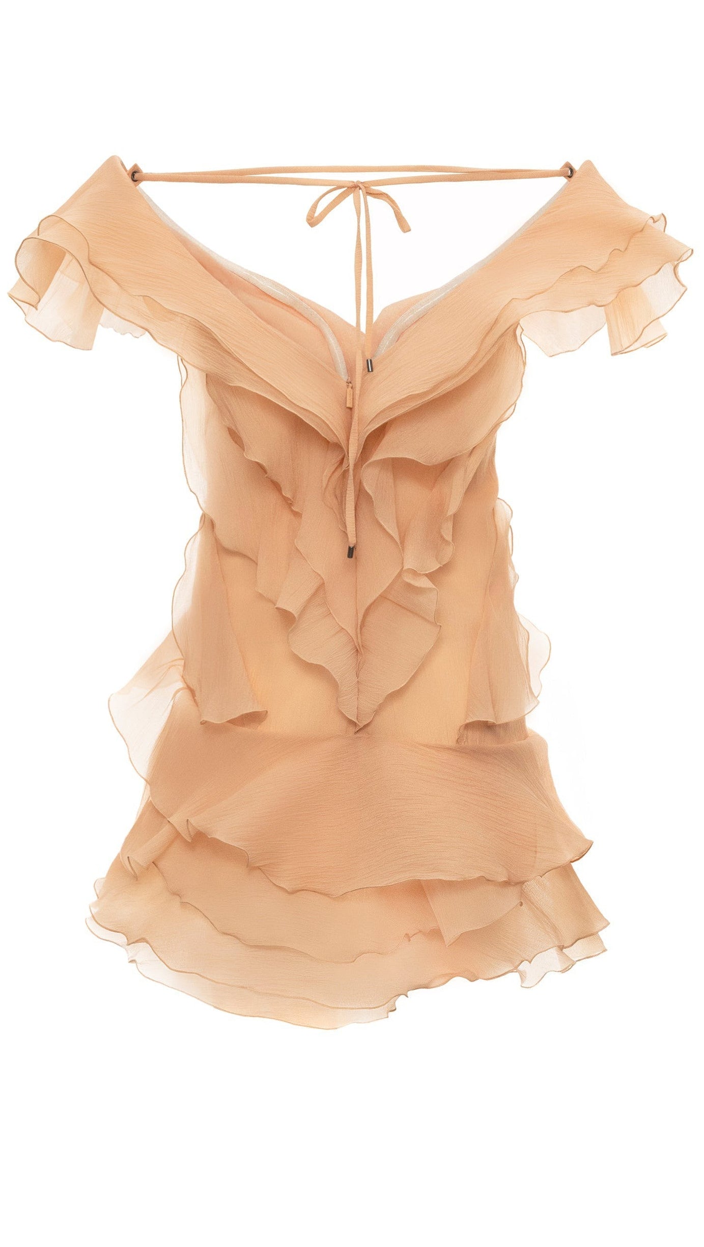 Miniabito senza spalline a strati con volant Sabrina color corallo