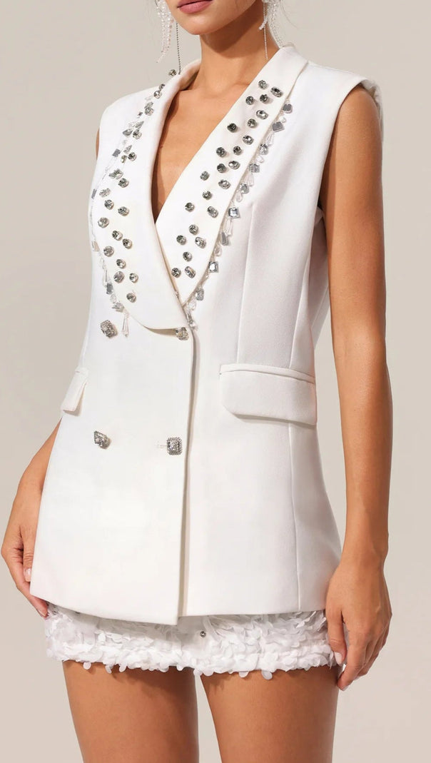 AIIZIE WHITE V-NECK SLEEVELESS DIAMOND MIDI SUIT TOP - product image