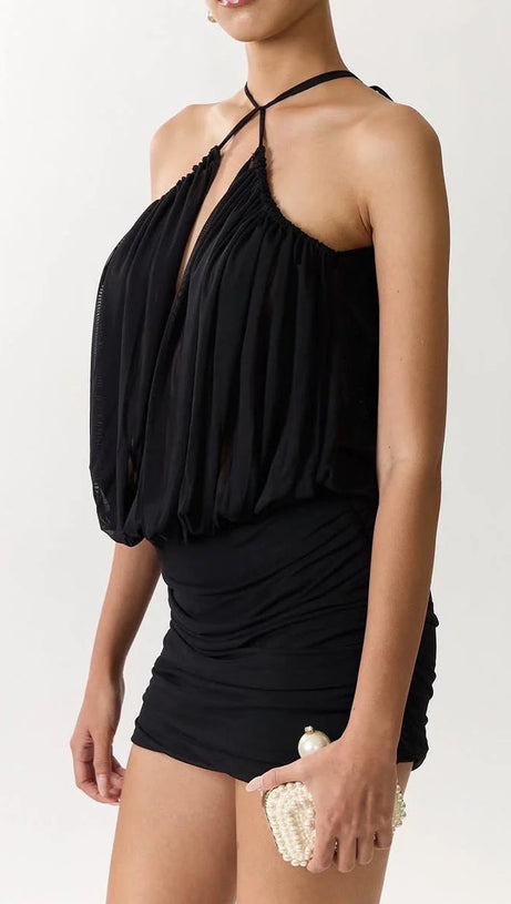 Cheryl – Gerafftes Neckholder-Minikleid mit figurbetontem Schnitt in Schwarz