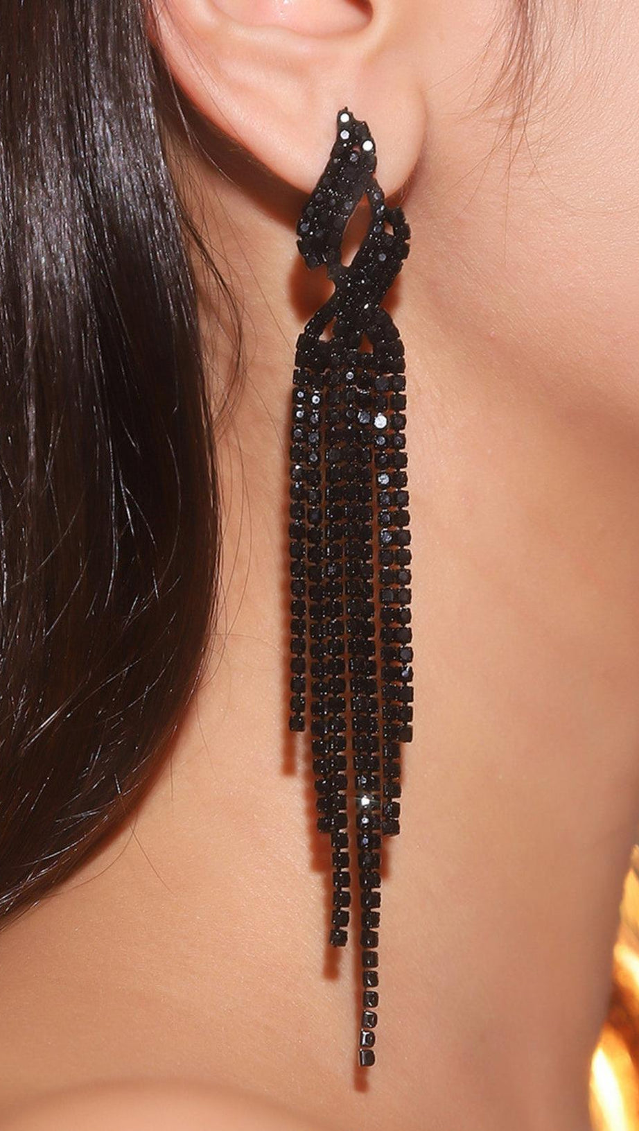 DUNYA BLACK RHINESTONE TASSEL EARRINGS