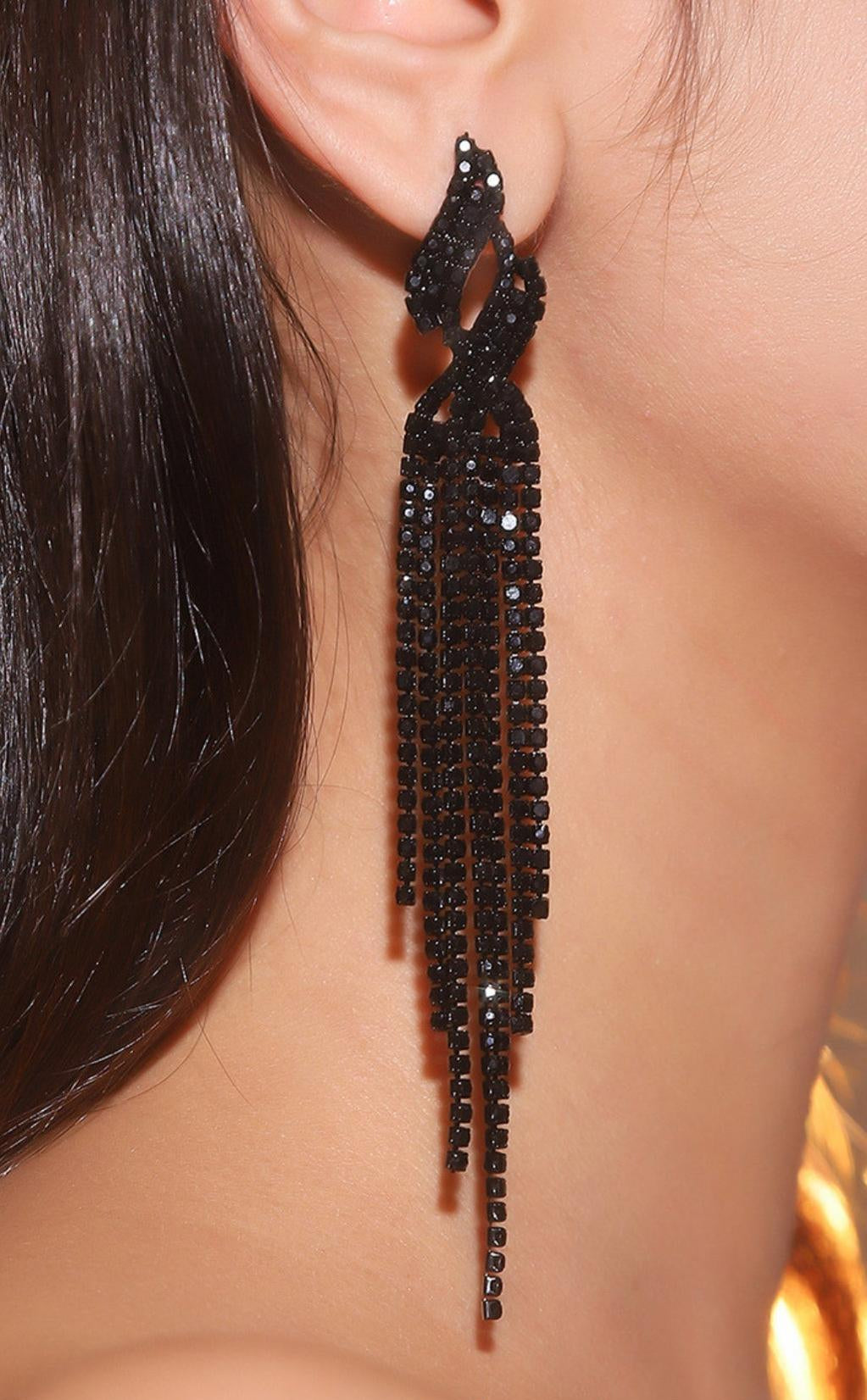 DUNYA BLACK RHINESTONE TASSEL EARRINGS