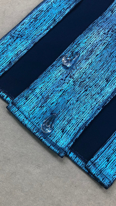 STRAPLESS CRYSTAL WOODGRAIN FOIL PRINT MAXI DRESS BLUE