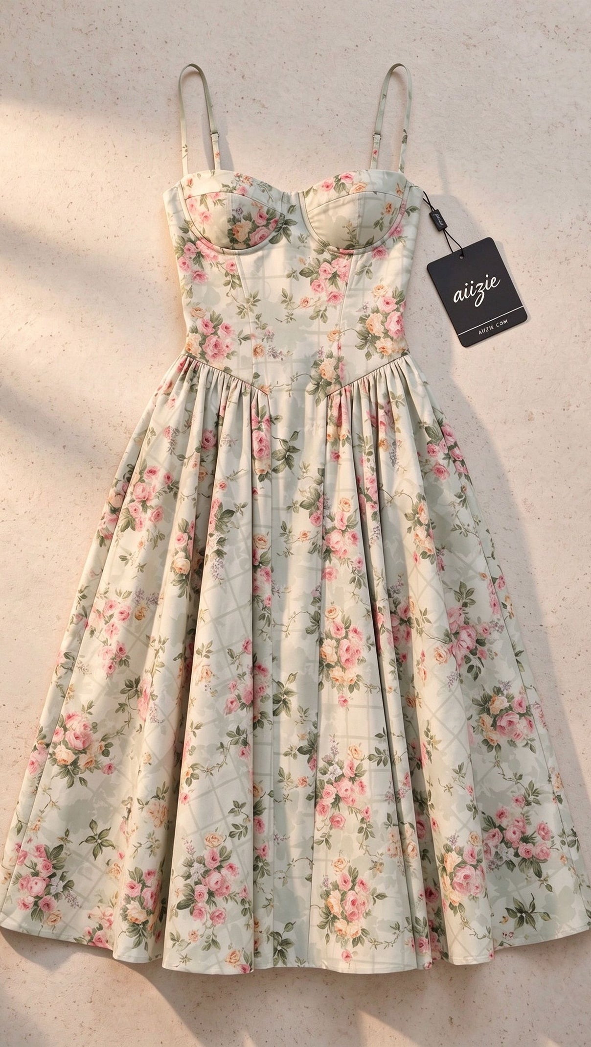 Pale Sage Green Structured Woven Cotton or Jacquard Fit-and-Flare Dress