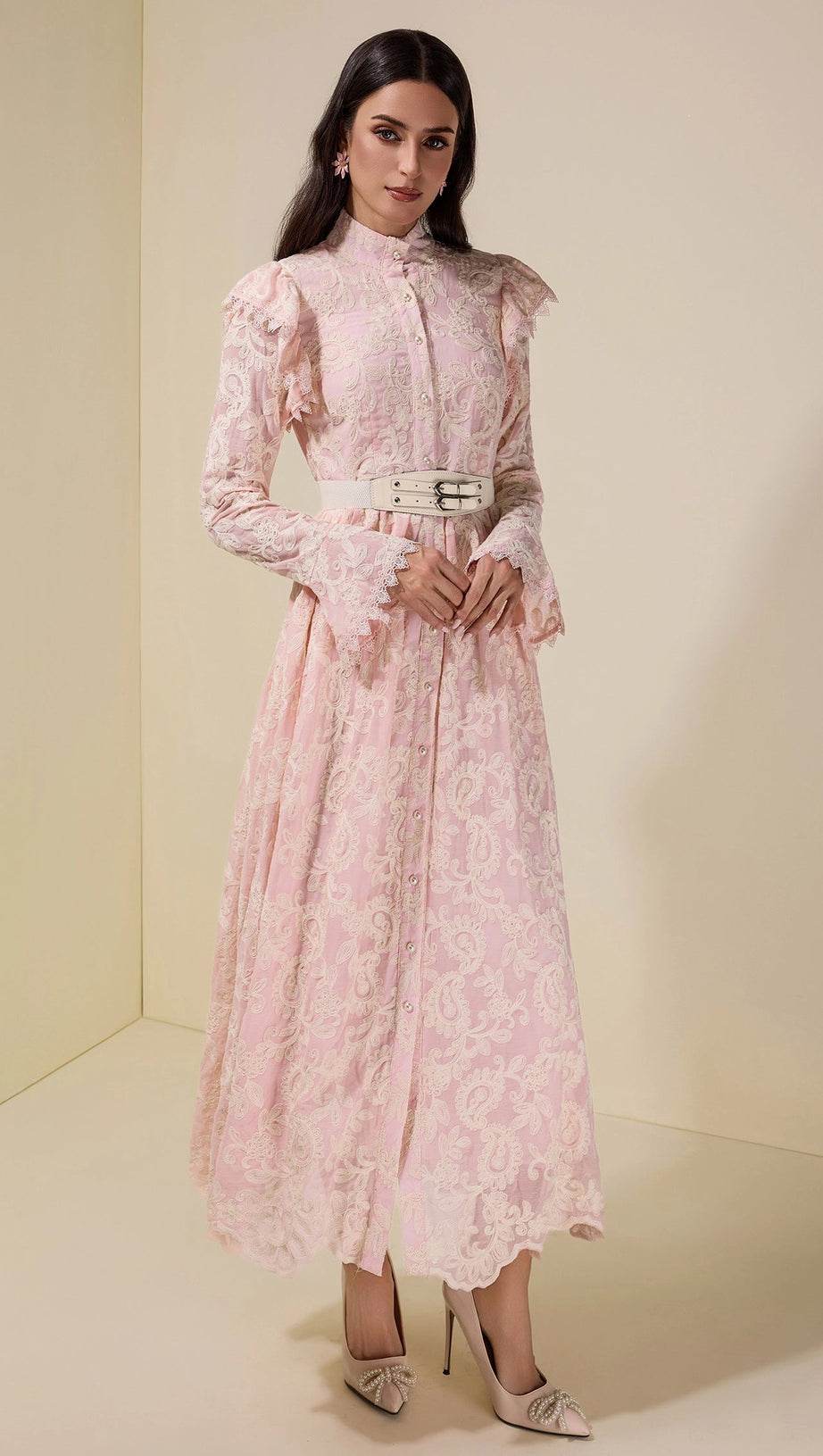 alma Chiffon Embroidered Single Breasted Midi Dress With Belt - pink