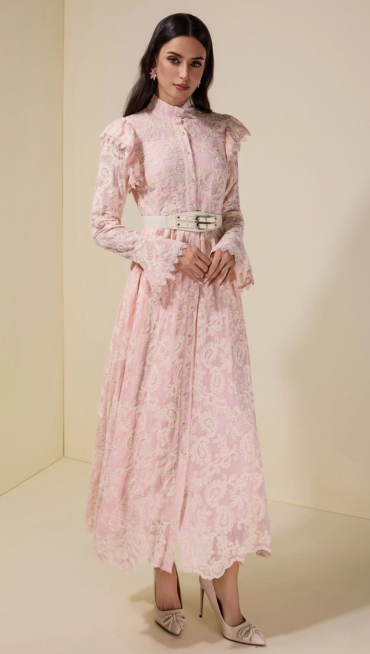 Alma Chiffon Embroidered Single Breasted Midi Dress with Belt - Pink