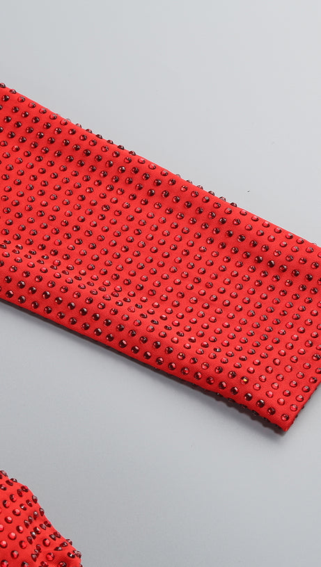 ONE-SHOULDER HOT DIAMOND HOLLOW IRREGULAR SLIT RED MAXI DRESS