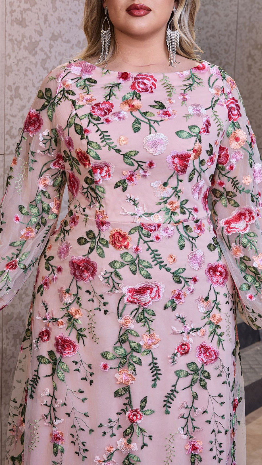 HELIA ENCHANTING FLORAL EMBROIDERED PLUS SIZE MAXI DRESS | ELEGANT LONG SLEEVE GOWN