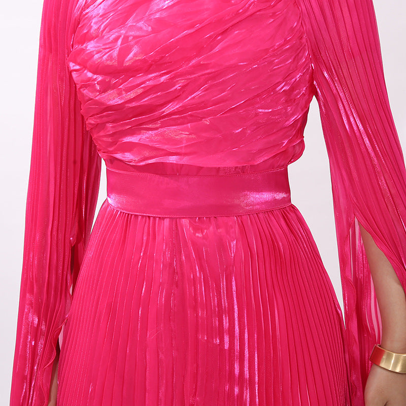 HODAYA VIBRANT PINK PLEATED LONG SLEEVE MAXI DRESS - ELEGANT FORMAL GOWN