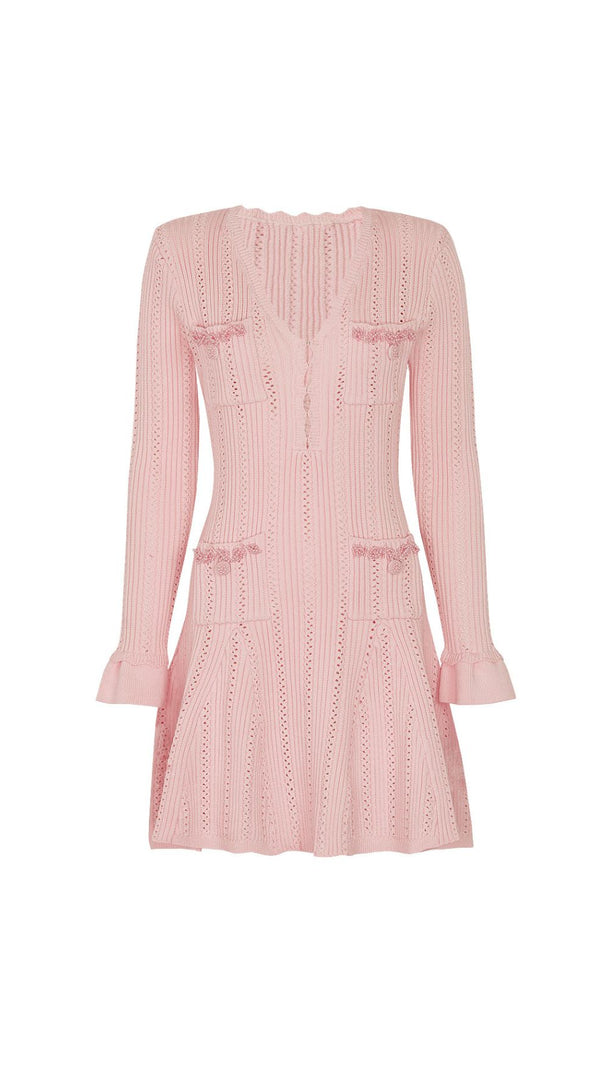 AIIZIE Elegant Pink Beaded Knit Mini Dress | Long Sleeve & Flattering Fit - product image