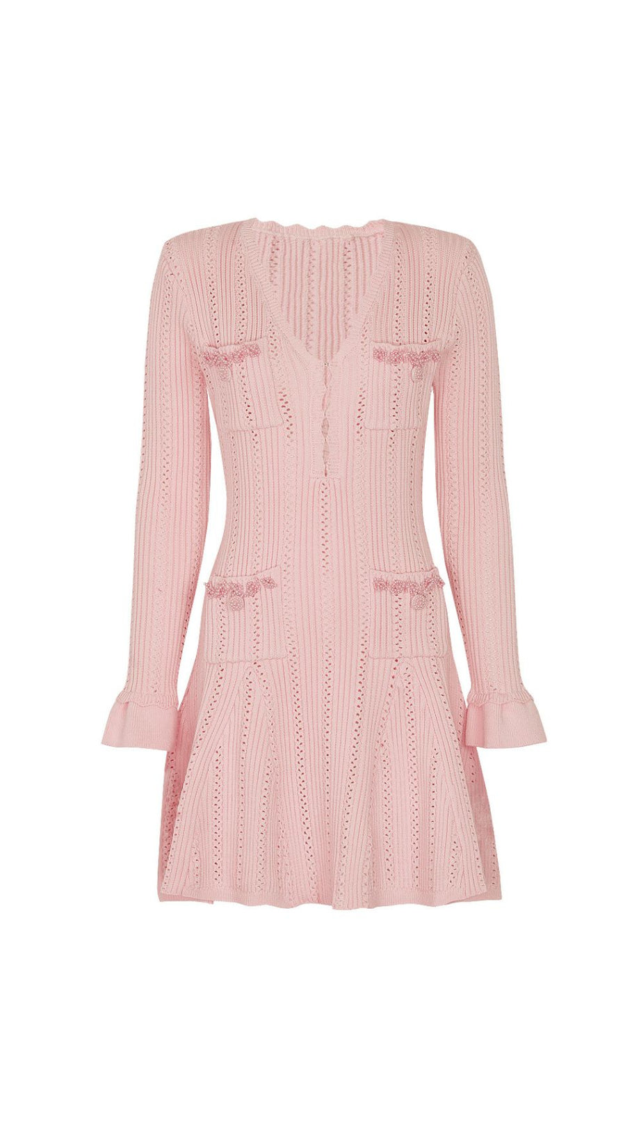 Elegant Pink Beaded Knit Mini Dress | Long Sleeve & Flattering Fit
