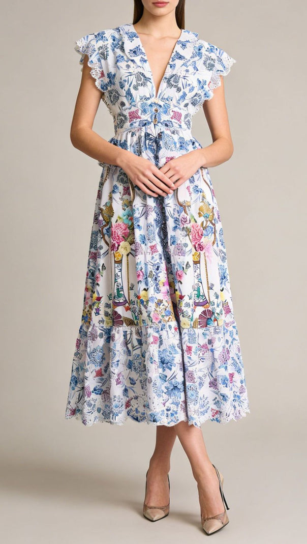 AIIZIE Jamiya Blue Floral Ruffle Midi Dress - Elegant Tiered Peplum Design - product image