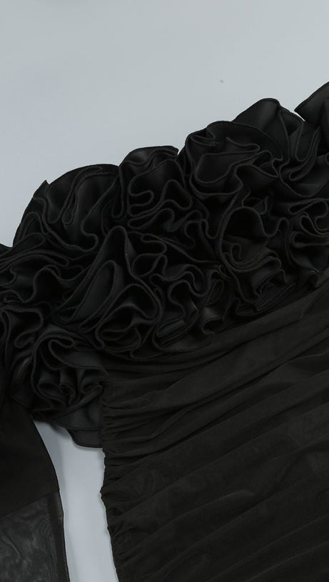 AMITY LONG SLEEVE TULLE FLORAL BARDOT DRESS IN BLACK