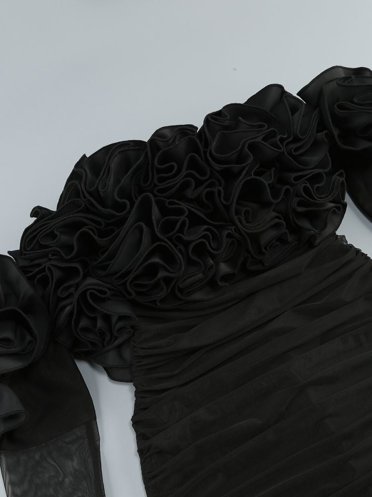 AIIZIE AMITY LONG SLEEVE TULLE FLORAL BARDOT DRESS IN BLACK - product image