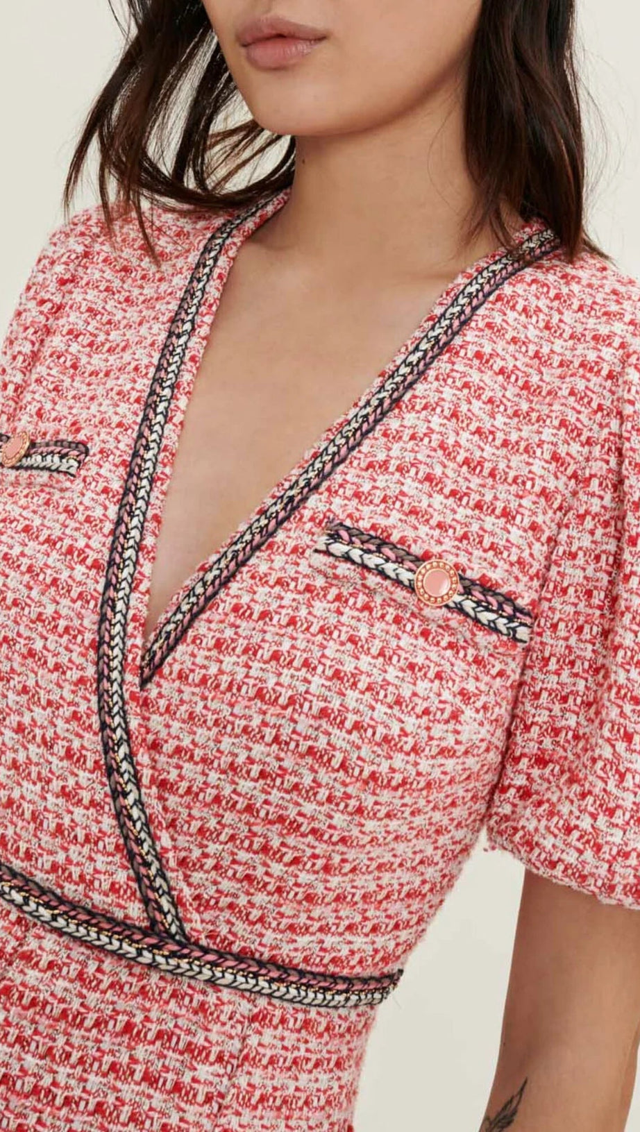 TWEED DRESS WITH ETHNIC TRIM IN PINK