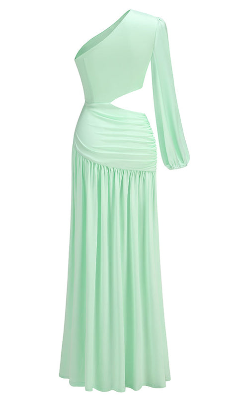 BERYL ONE SLEEVE CUTOUT RUCHED MAXI DRESS IN GREEN