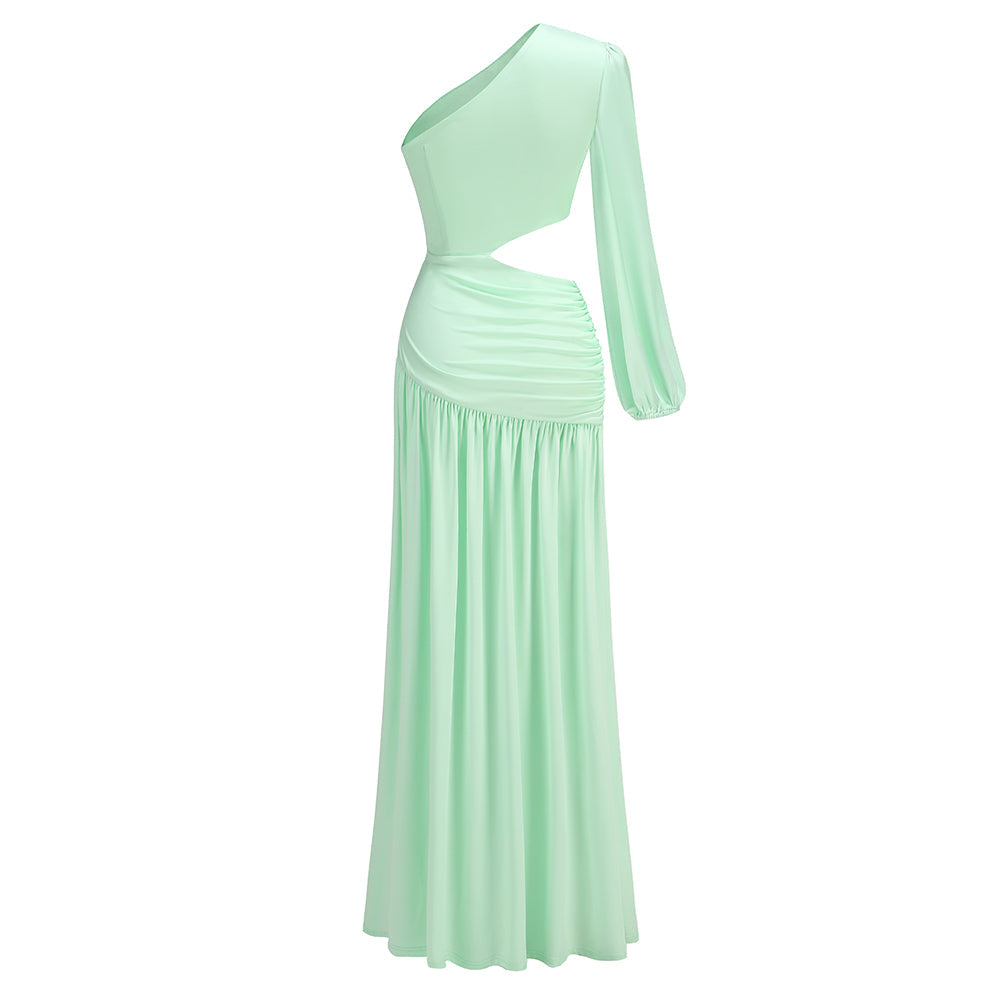 AIIZIE BERYL ONE SLEEVE CUTOUT RUCHED MAXI DRESS IN GREEN - product image