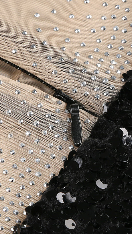 FEATHER EMBELLISHED SEQUIN MINI DRESS IN BLACK