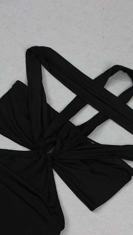 BLACK CUTOUT HALTER BANDAGE MAXI DRESS