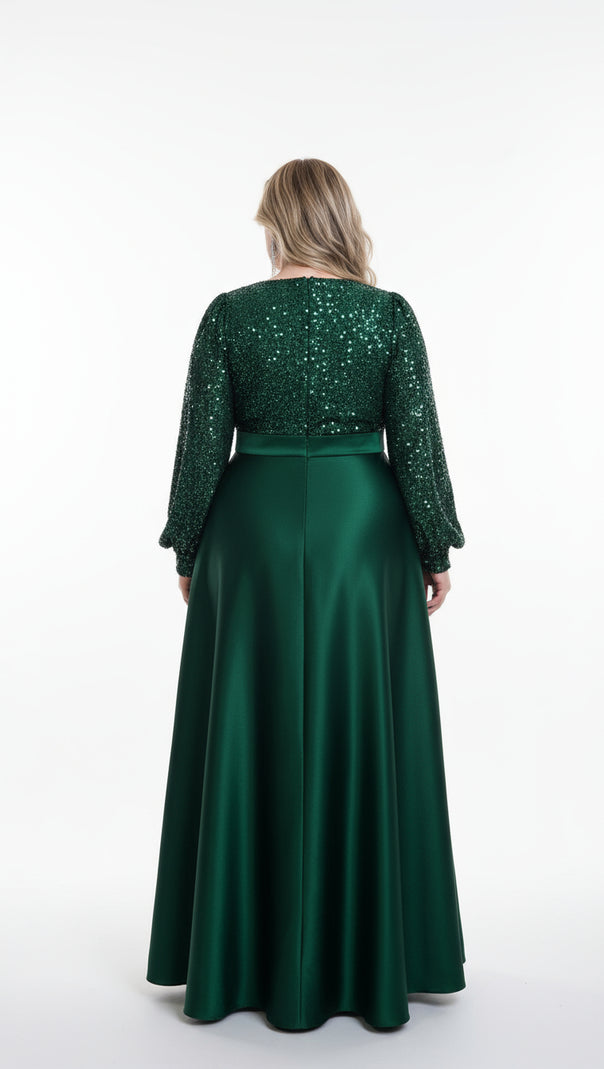 AIIZIE HENDRIKA DAZZLING EMERALD GREEN SEQUIN PLUS SIZE MAXI DRESS WITH LONG SLEEVES - product image