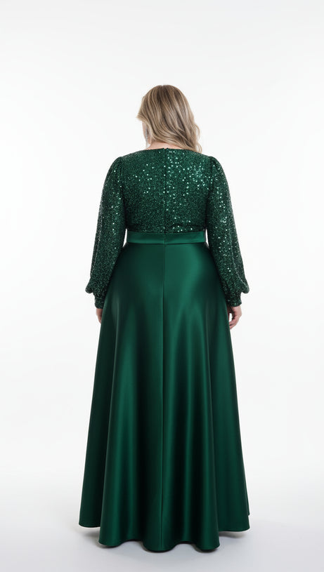 HENDRIKA DAZZLING EMERALD GREEN SEQUIN PLUS SIZE MAXI DRESS WITH LONG SLEEVES