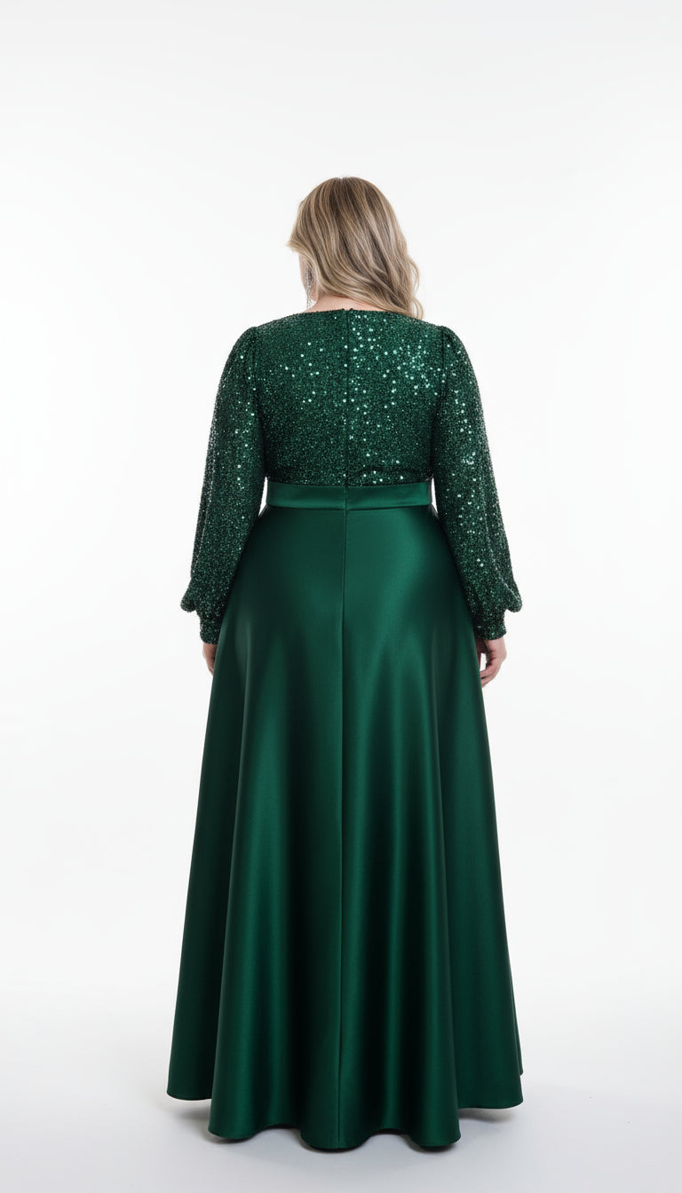 HENDRIKA DAZZLING EMERALD GREEN SEQUIN PLUS SIZE MAXI DRESS WITH LONG SLEEVES