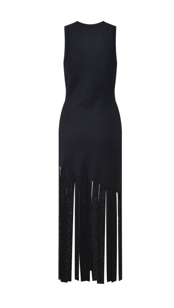 Glamorous Black Sleeveless Maxi Dress with Rhinestone Fringe Hem