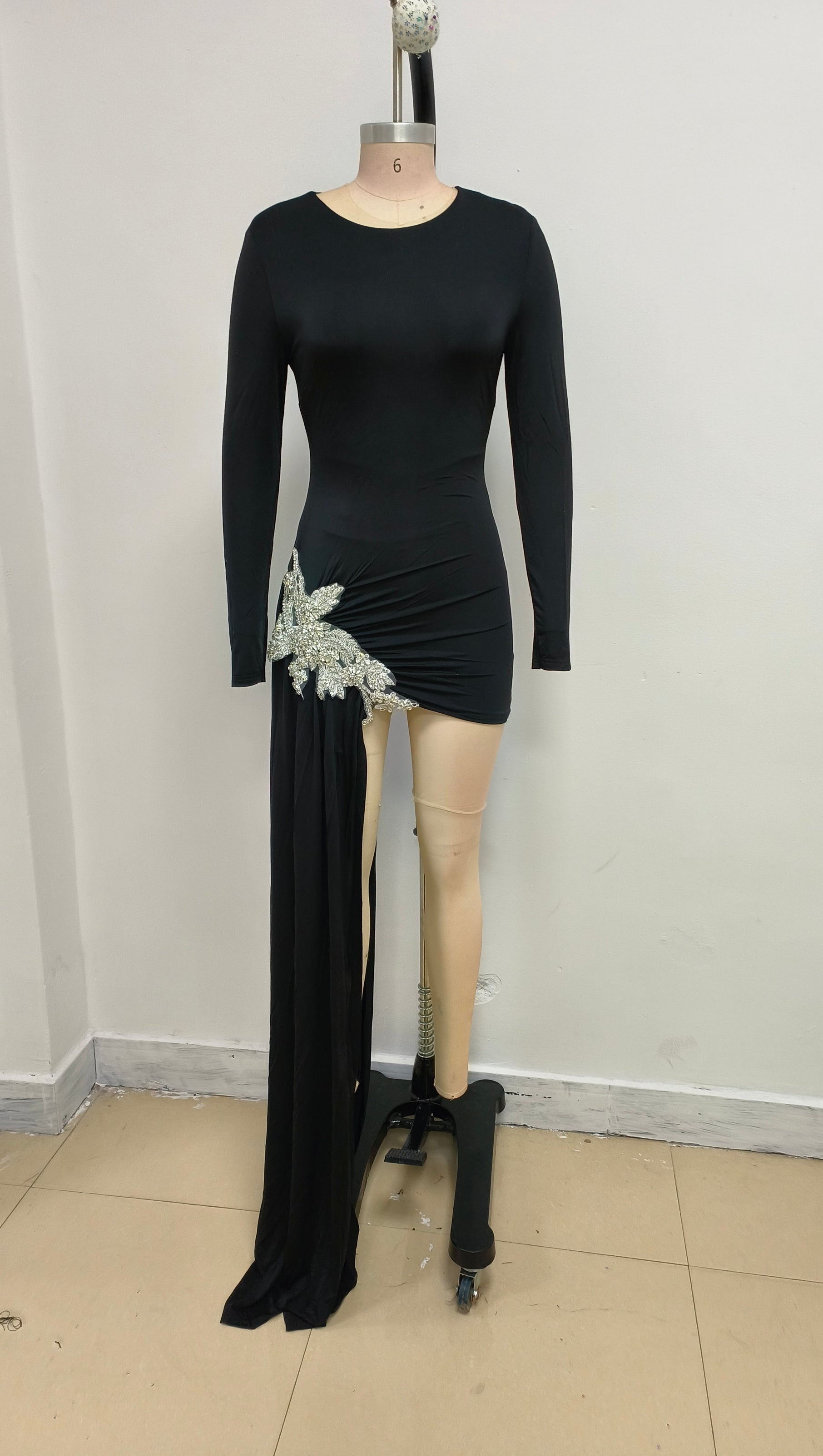 AIIZIE SPARKLY CREW NECK CRYSTAL DRAPED BANDAGE BODYCON PARTY MICRO MINI DRESS - product image