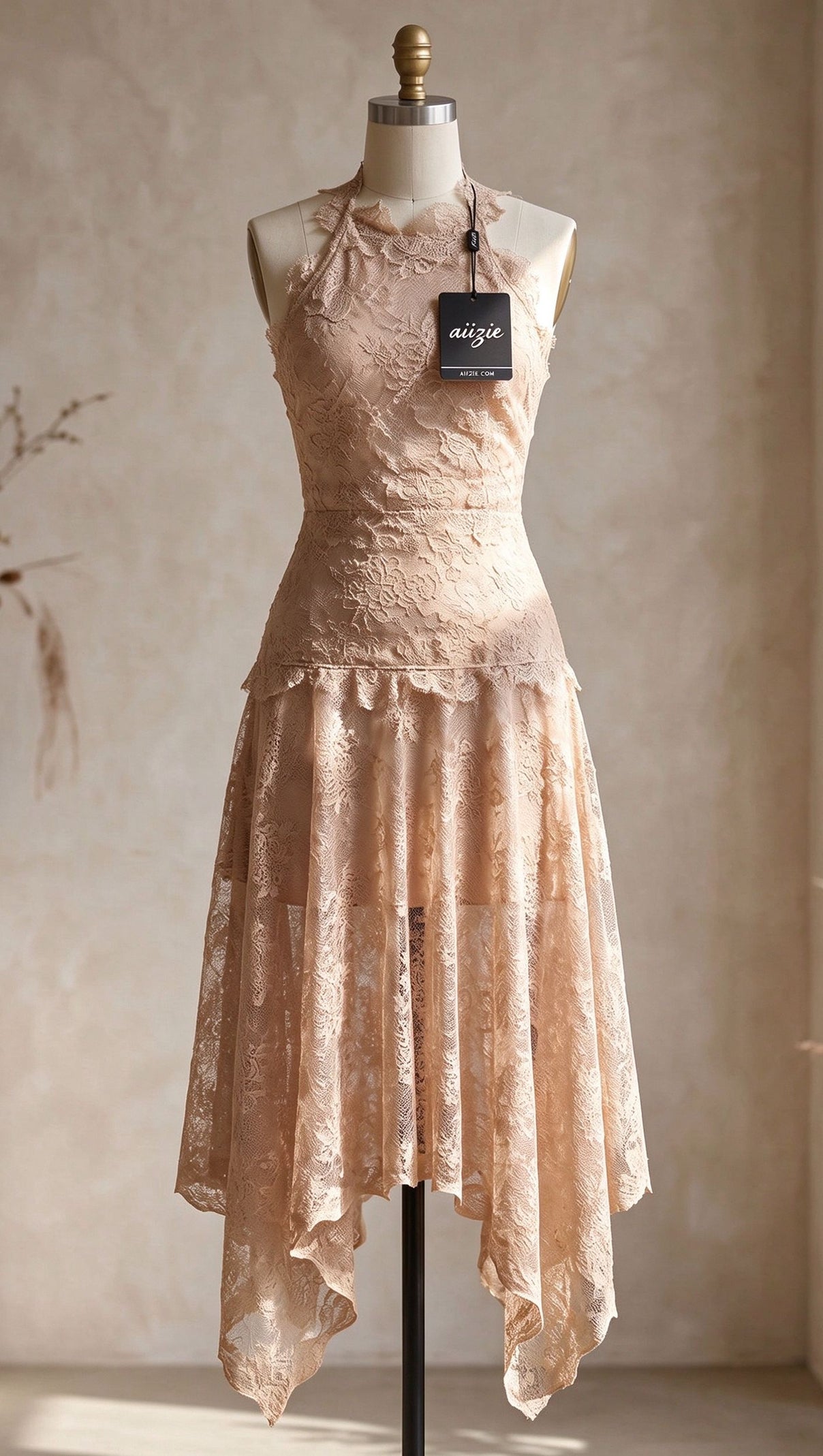 Beige Corded Floral Lace A-Line Midi Dress with Asymmetrical Hem